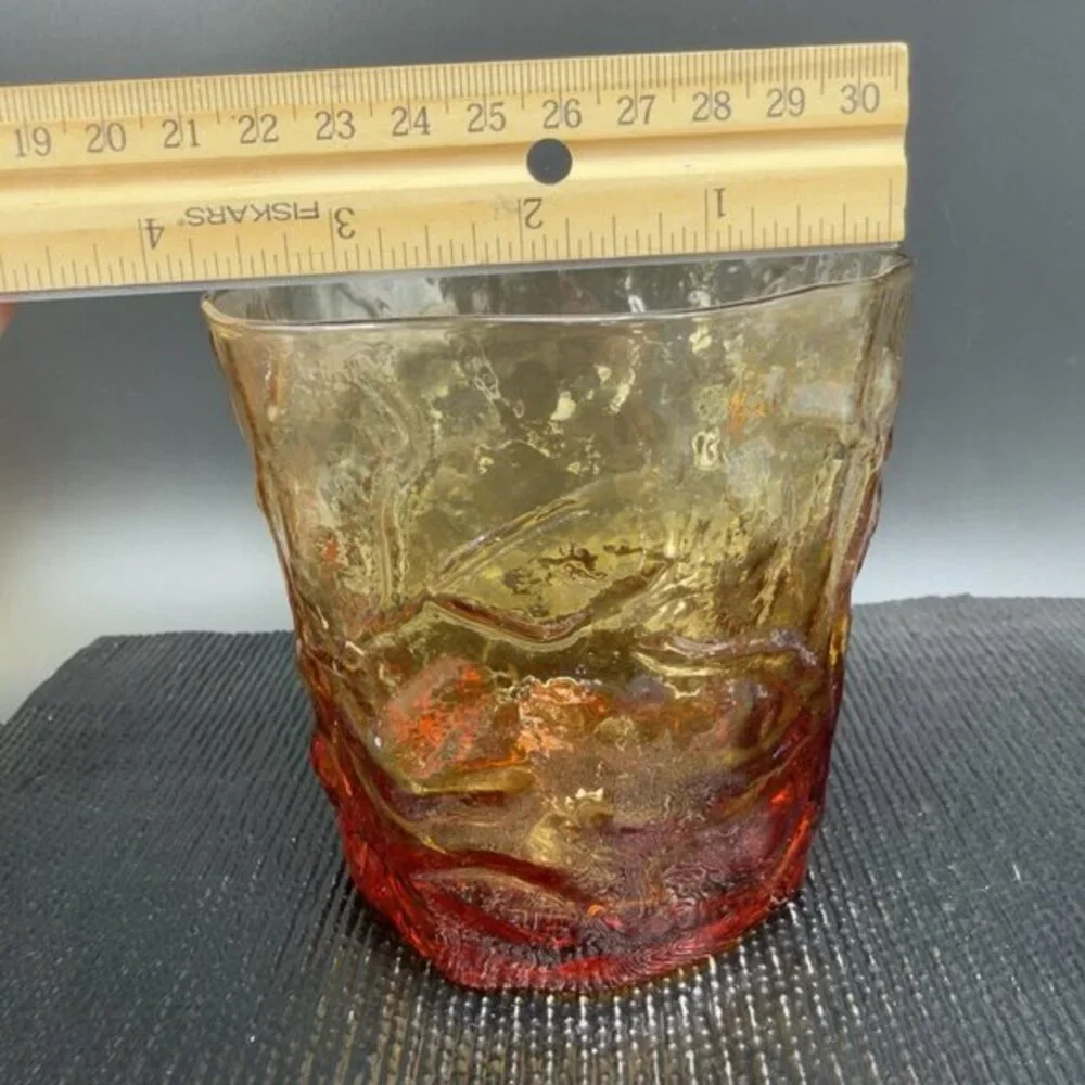 1970s Seneca Driftwood Amber Crinkle Glass‎ Glasses Tumblers Cups Set 3 Vintage